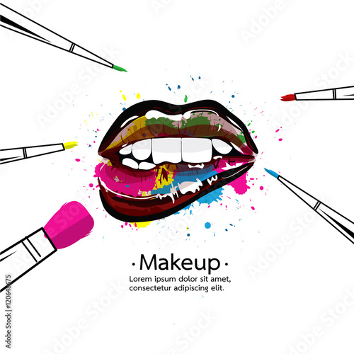 Vector watercolor hand drawn illustration of colorful womens eye and makeup brushes.