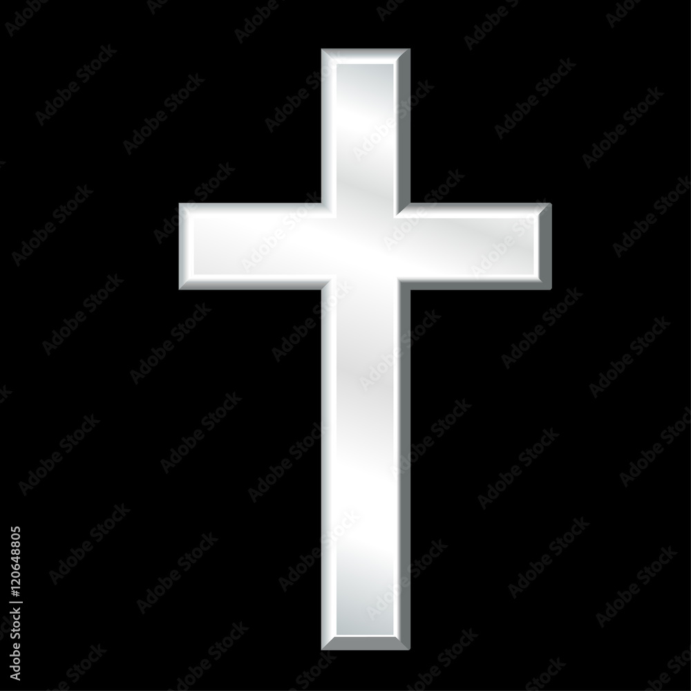 Christian Cross, silver crucifix, symbol of Christianity religion and faith, isolated on a black background.