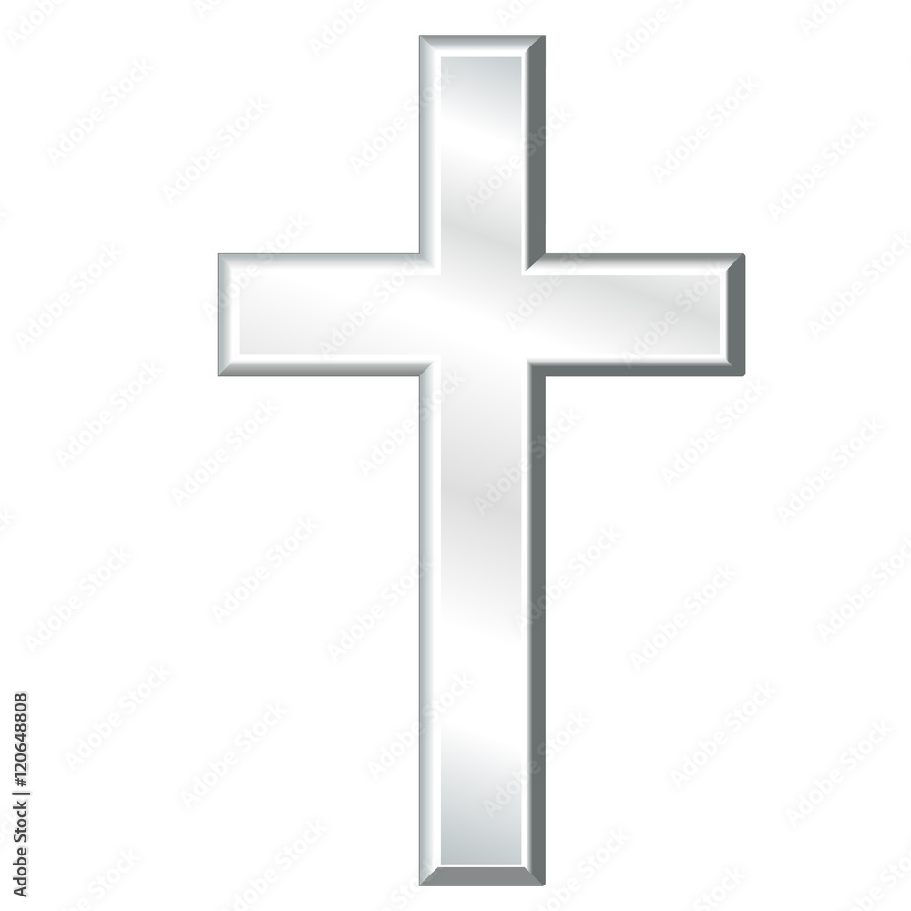 Christian Cross, silver crucifix, symbol of Christianity religion and faith, isolated on a white background.