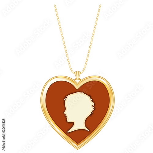 Gold Heart Cameo Locket, Chain Necklace, Vintage keepsake, young child silhouette, golden chain necklace, isolated on white background. 