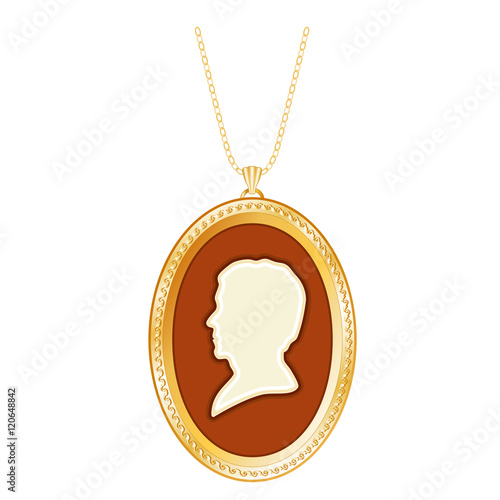 Gold Cameo Locket, Vintage Gentleman, Chain Necklace, Engraved oval keepsake, antique silhouette, chain necklace, isolated on white background. 
