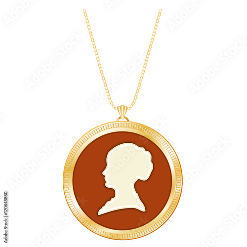 Gold Cameo Locket, Vintage Gentle Lady, Chain Necklace, Engraved round keepsake, antique silhouette, chain necklace, isolated on white background. 