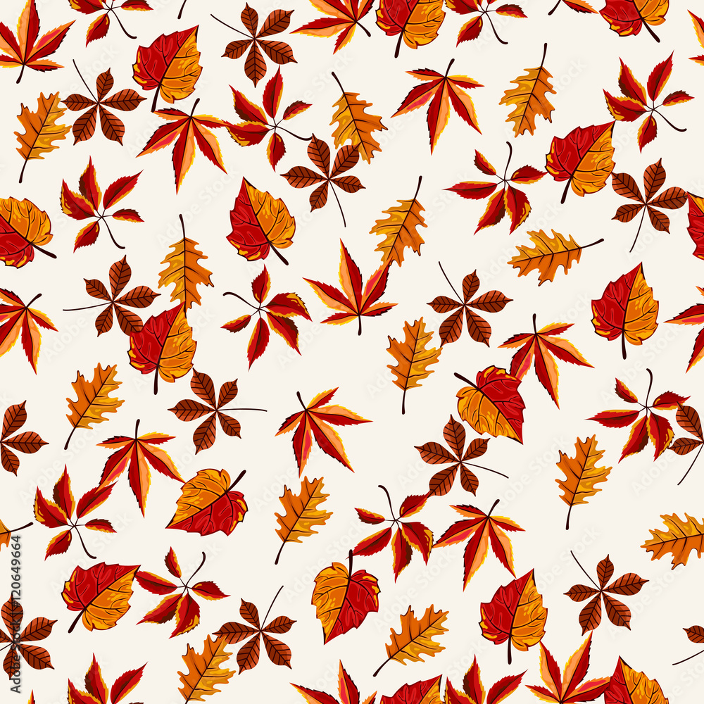 Obraz premium Autumn vector seamless pattern. Hand draw autumn leaves background.