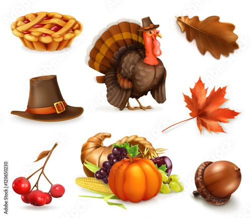 Happy Thanksgiving cartoon character and objects. 3d vector icon set