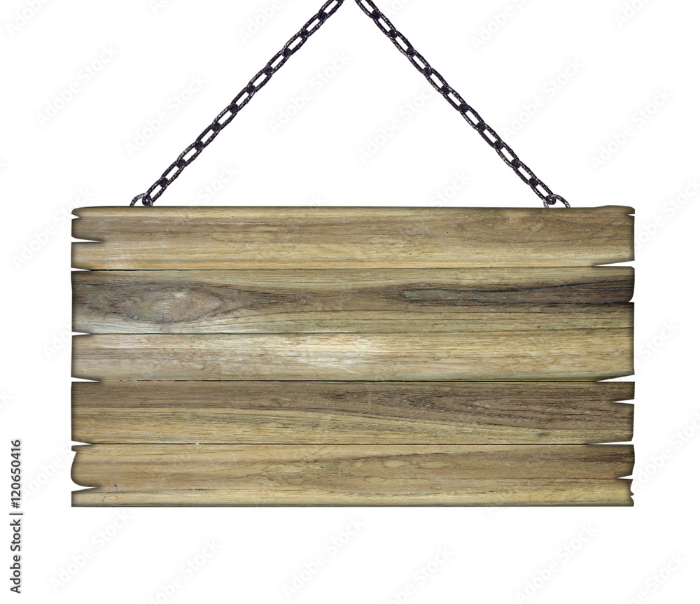 Wooden sign hanging on a chain isolated on white Wooden sign hanging on a chain isolated on white