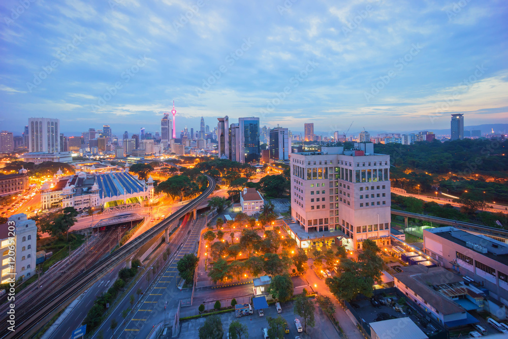 Aerial view of beautiful sunrise at Kuala Lumpur city centre.