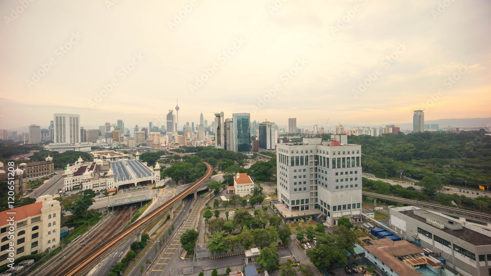 Aerial view of beautiful sunrise at Kuala Lumpur city centre.