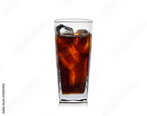 Cola in glass with ice isolated on white background
