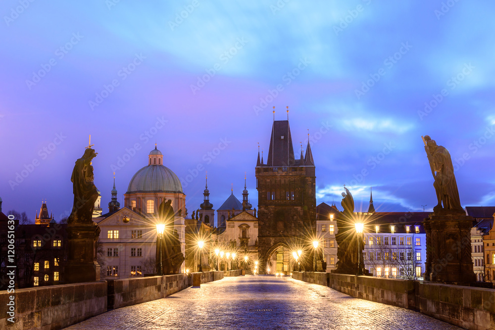 Night Prague, view from Charles Bridge.
