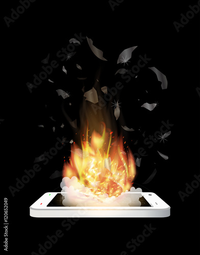 broken smartphone explosion with burning fire