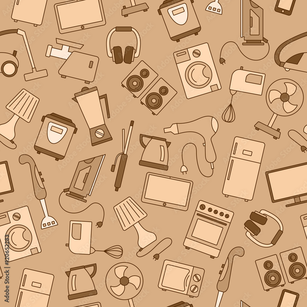 Seamless background with a simple icons on the topic of household appliances, gamma beige Seamless background with a simple icons on the topic of household appliances, gamma beige