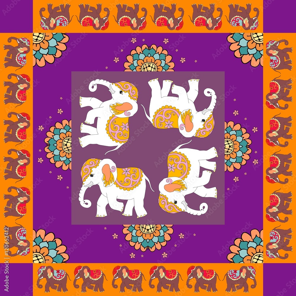 Fototapeta premium India. Lovely tablecloth or quilt. Ethnic bandana print with ornamental border. Silk neck scarf with flowers and elephants. Summer kerchief square pattern design style for print on fabric.