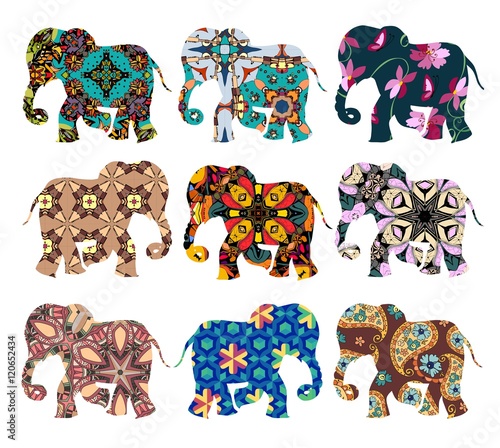 India. Beautiful elephants on white background. Vector set. Decorative silhouettes.