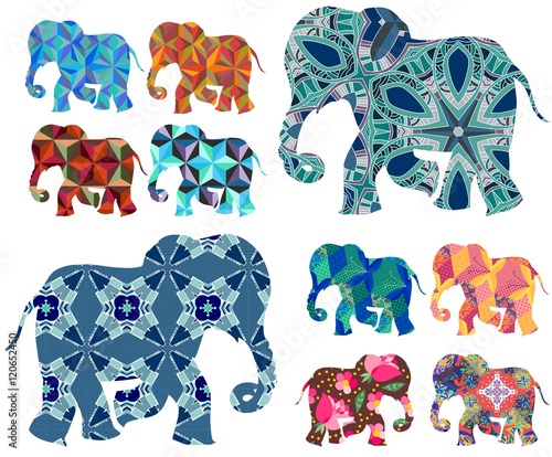 Africa. Patchwork. Beautiful elephants on white background. Vector illustration.