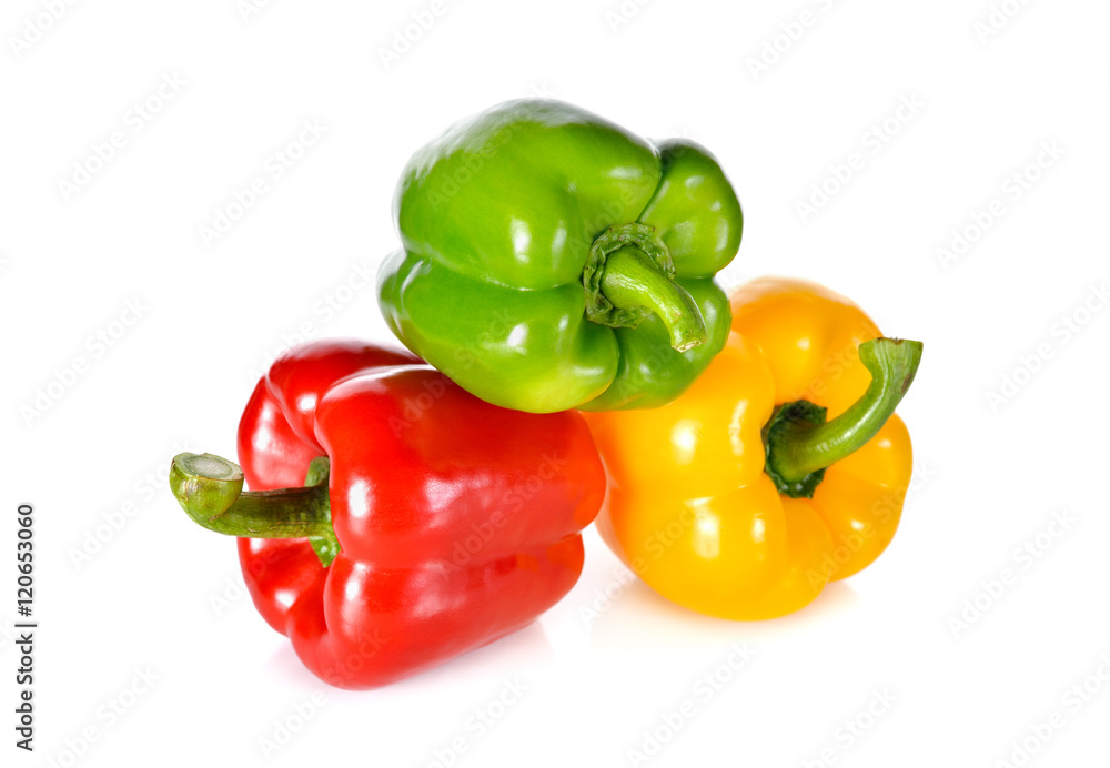 fresh green, red, yellow bell pepper with stem on white backgrou fresh green, red, yellow bell pepper with stem on white backgrou