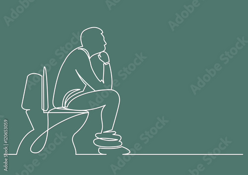 continuous line drawing of man sitting on toilet seat thinking