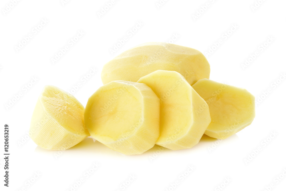 portion cut peeled potato on white background