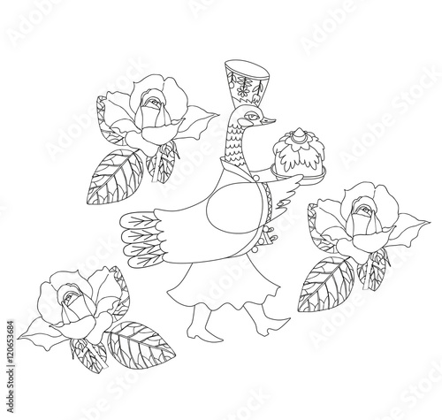 Coloring book for Kids with fabulous duck and roses. Cute cartoon illustration.