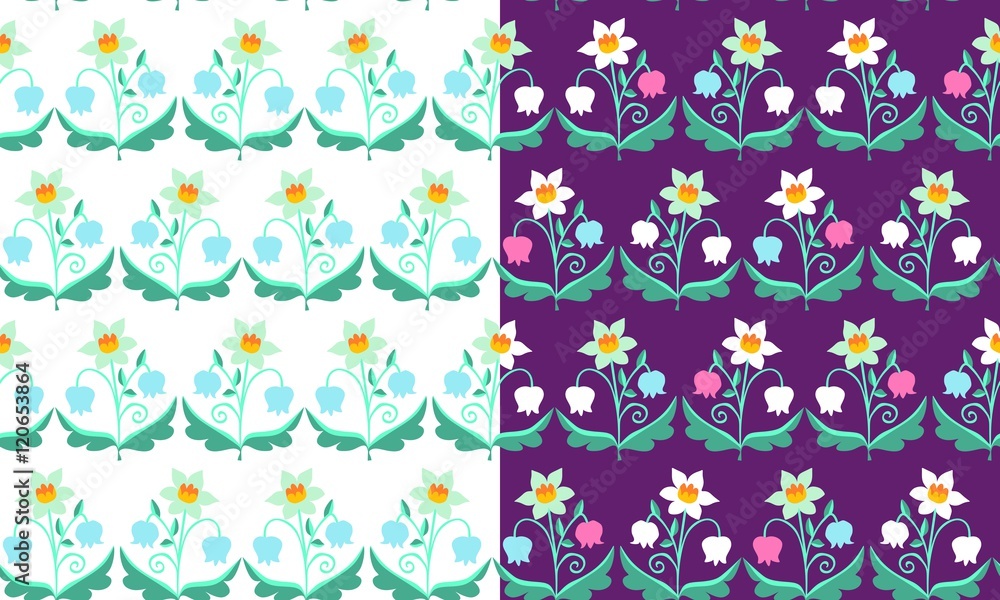 Set of  patterns with flowers. Beautiful vector illustration. Narcissus and lily of the valley.