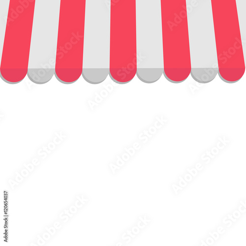 Striped store awning for shop, marketplace, cafe and restaurant. Red canopy roof. Flat design. White background. Isolated.