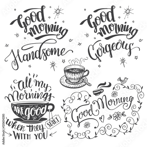 Good morning. Brush calligraphy set. Good morning handsome and good morning gorgeous. Hand drawn typography design isolated on white background