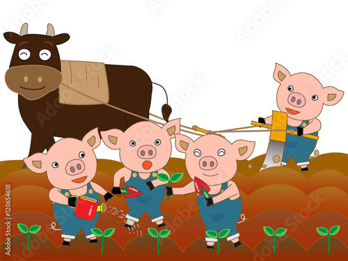 農作業をする牛と豚