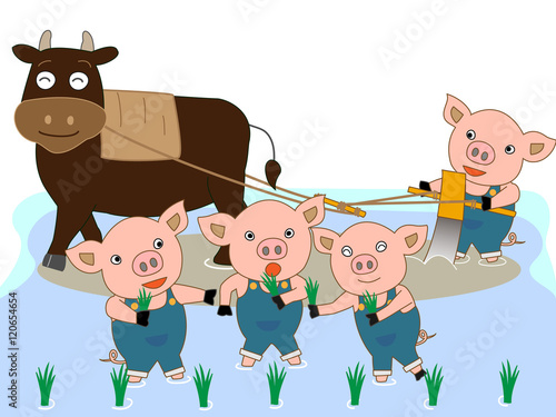 農作業をする牛と豚