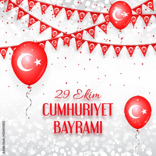 Background with a garland from Turkish flags. Vector illustration with lights. Inscription in Turkish 