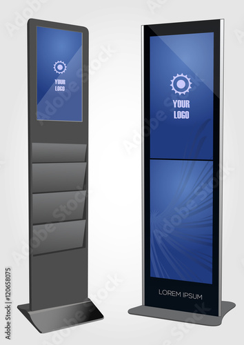 Promotional Interactive Information Kiosk Terminal Stand with two Touch Screen Displays and Advertising Display with Brochure Holder. Mock Up Template.
