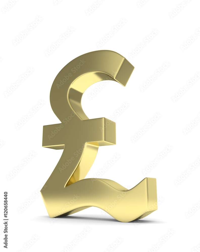 Isolated golden pound sign on white background. British currency. Concept of investment, european market, savings. Power, luxury and wealth. Great Britain, Nothern Ireland. 3D rendering.