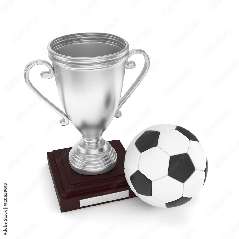 Isolated silver cup with ball on white background. Soccer and football. Second place trophy. Game and competition. 3D rendering