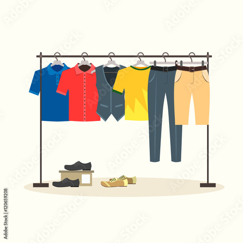 Clothes Racks with Menswear on Hangers. Vector