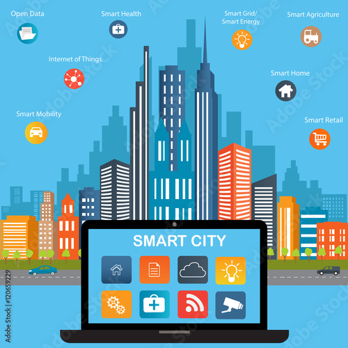 Smart city concept with different icon and elements. Modern city design with  future technology for living. Illustration of innovations and Internet of things.Internet of things/Smart city