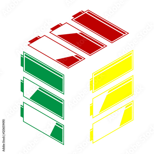 Set of battery charge level indicators. Isometric style of red, green and yellow icon.