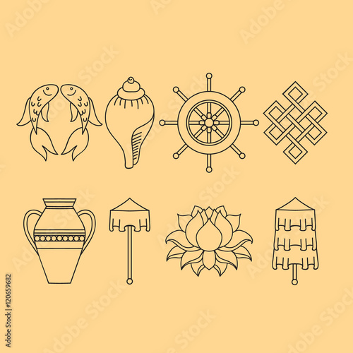 Buddhist symbolism, The 8 Auspicious Symbols of Buddhism, Right-coiled White Conch, Precious Umbrella, Victory Banner, Golden Fish, Dharma Wheel, Auspicious Drawing, Lotus Flower, Vase of Treasure.