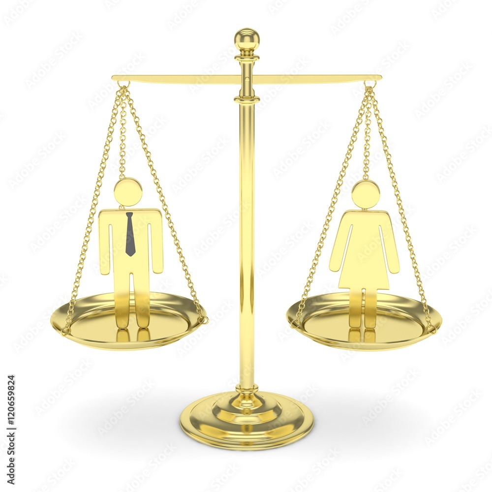 Isolated old fashioned golden pan scale with man and woman on white background. Gender inequality. Equality of sexes. Law issues. Silver model. 3D rendering. Isolated old fashioned golden pan scale with man and woman on white background. Gender inequality. Equality of sexes. Law issues. Silver model. 3D rendering.