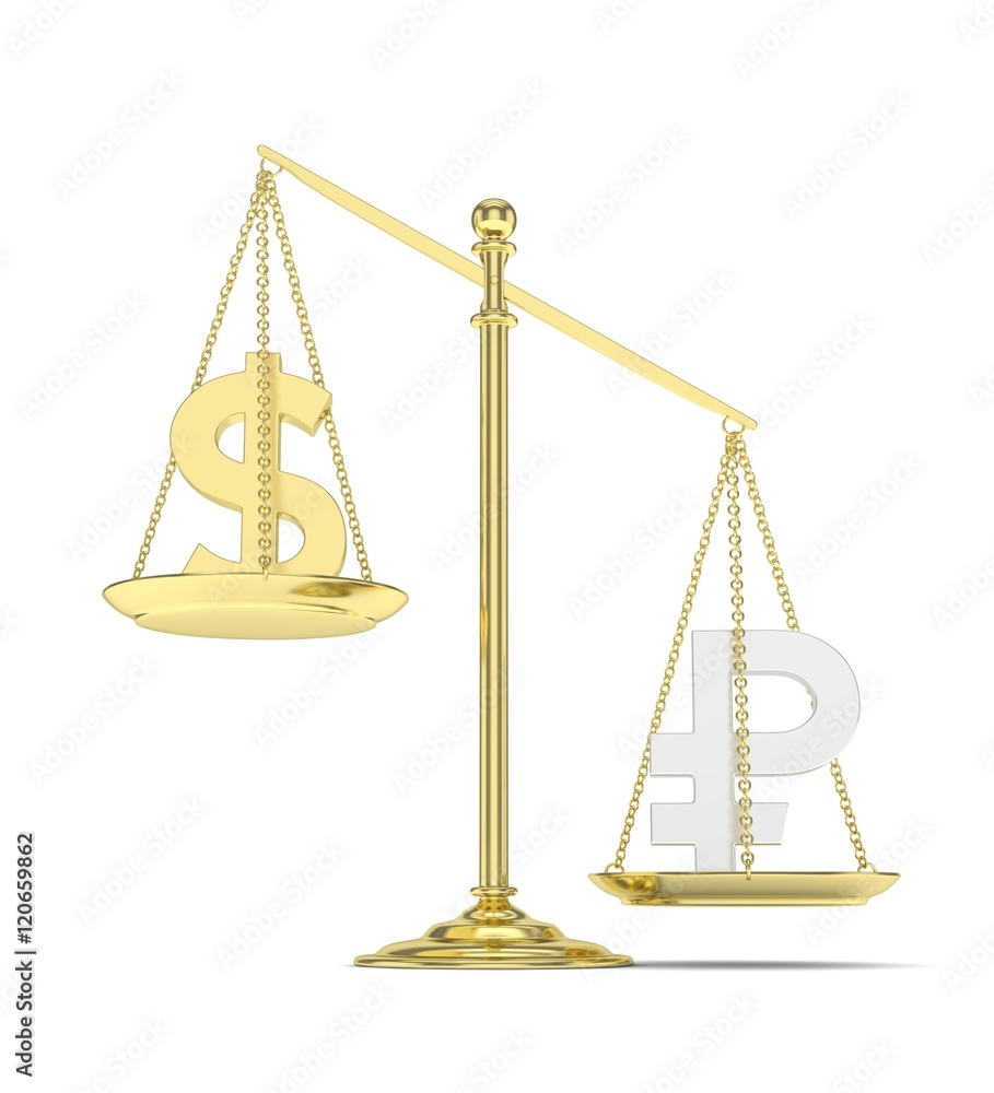 Isolated old fashioned pan scale with dollar and ruble on white background. American and russian currency. Ruble is heavier. Silver rouble, golden usd. 3D rendering. Isolated old fashioned pan scale with dollar and ruble on white background. American and russian currency. Ruble is heavier. Silver rouble, golden usd. 3D rendering.