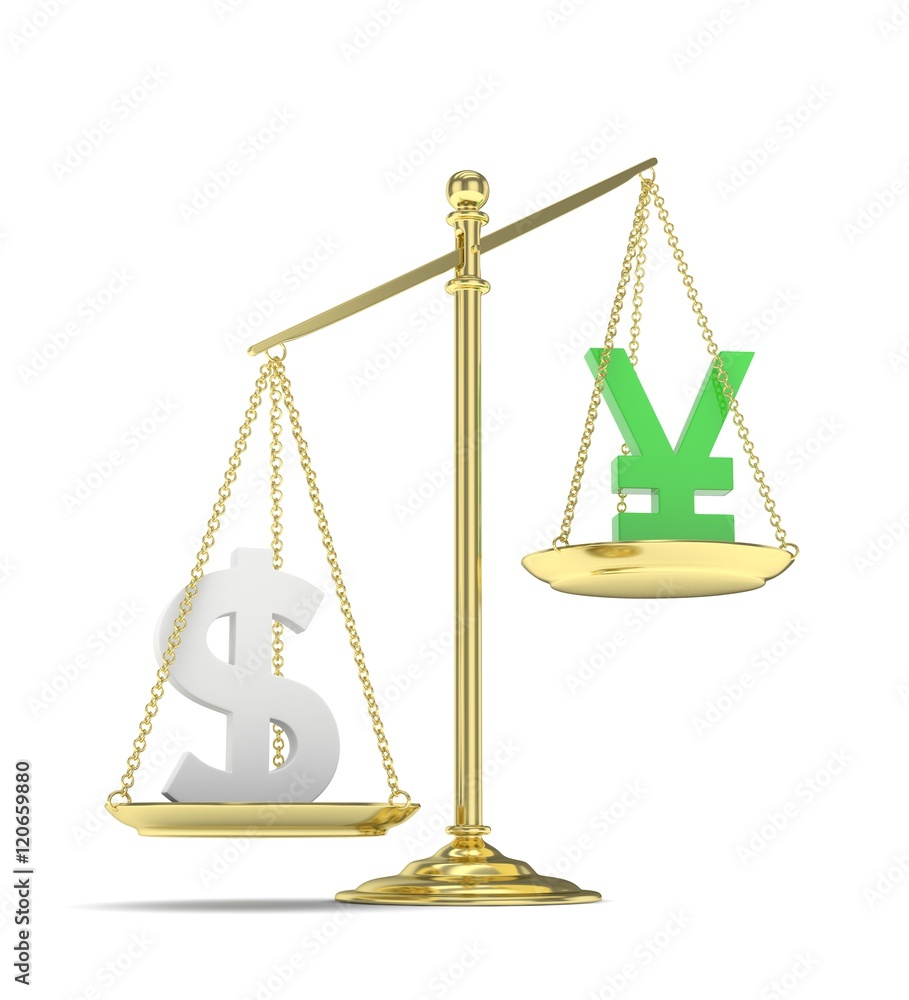Isolated old fashioned pan scale with dollar and yuan,yen on white background. American and chinese and japanese currency. Dollar is heavier. Silver usd, green yuan. 3D rendering. Isolated old fashioned pan scale with dollar and yuan,yen on white background. American and chinese and japanese currency. Dollar is heavier. Silver usd, green yuan. 3D rendering.