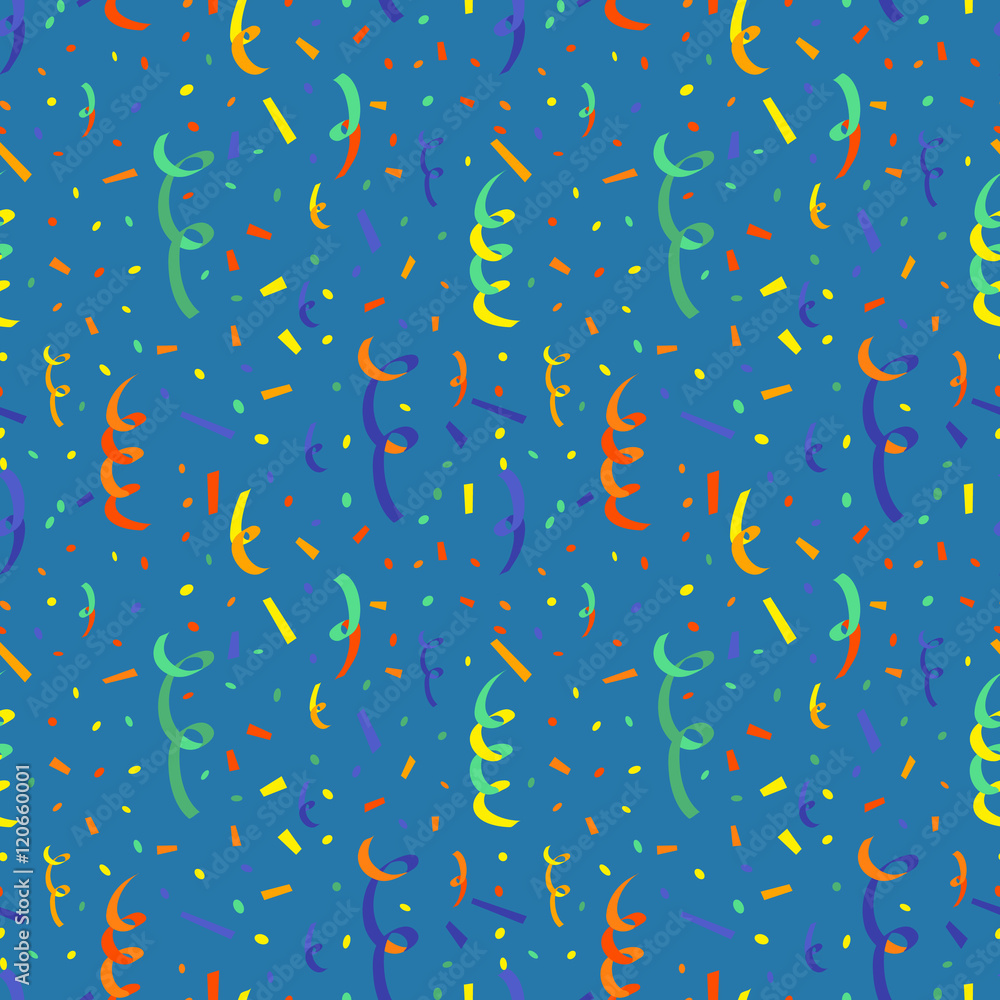 Exploding party popper with colorful serpentine and confetti, flat seamless pattern on blue