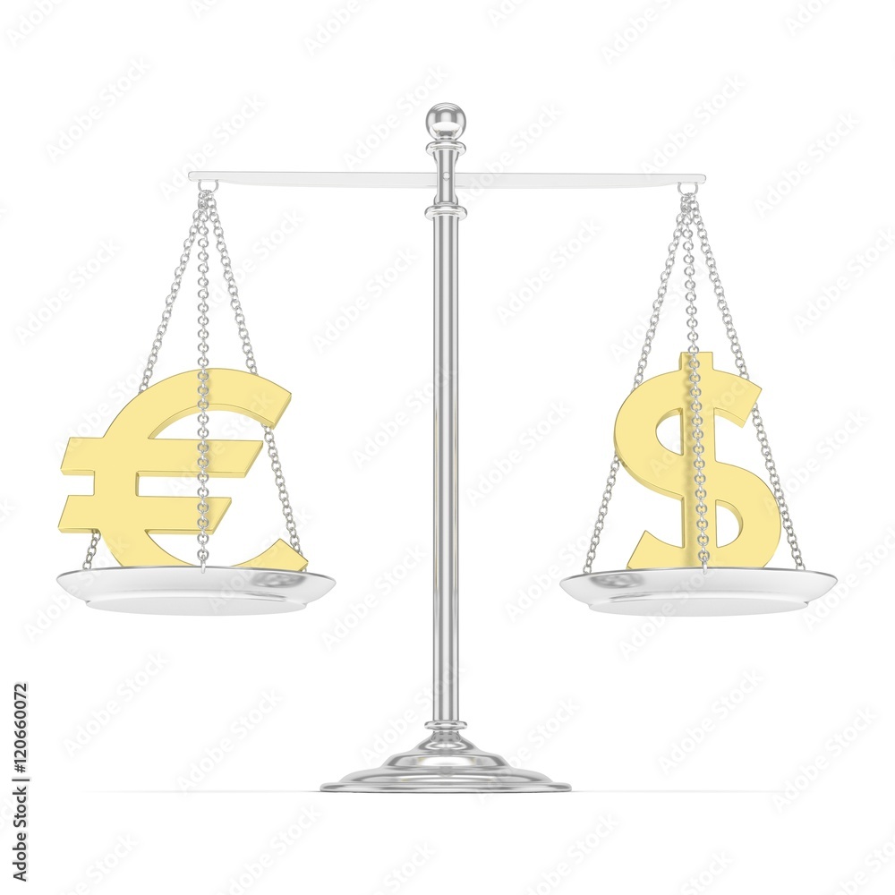 Isolated silver scales with golden dollar and euro currency. American and european finance. Measuring of market stability. 3D rendering. Isolated silver scales with golden dollar and euro currency. American and european finance. Measuring of market stability. 3D rendering.