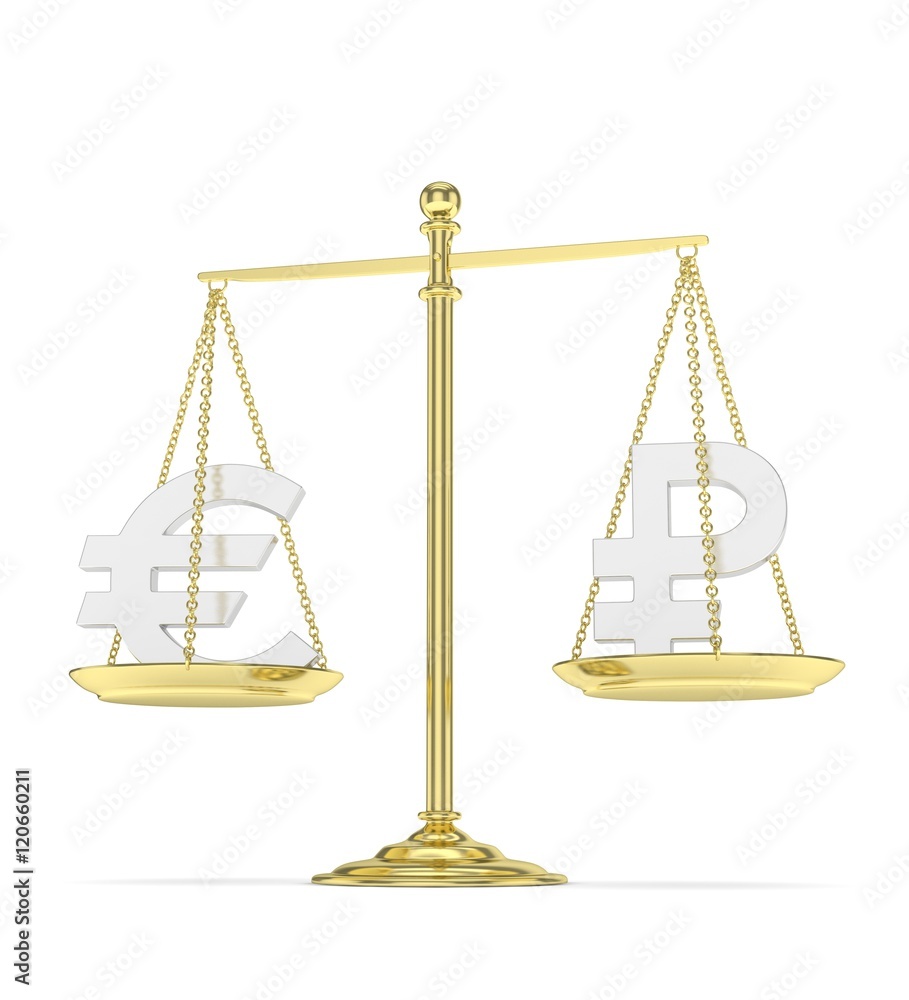 Isolated golden scales with silver euro and ruble currency. Russian and european finance. Measuring of market stability. 3D rendering. Isolated golden scales with silver euro and ruble currency. Russian and european finance. Measuring of market stability. 3D rendering.