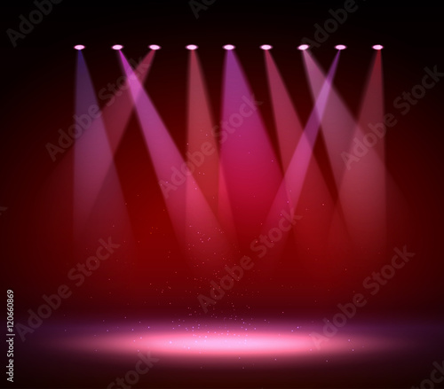 Various stage lights in the dark. Spotlight on stage.