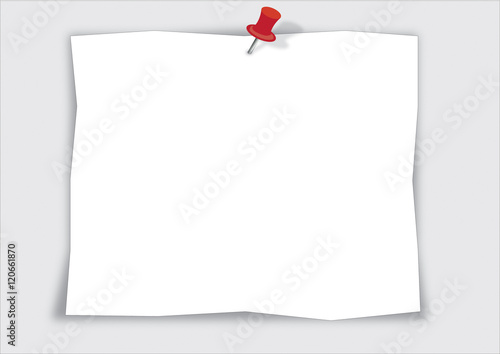 note paper with red push pin isolated on white background