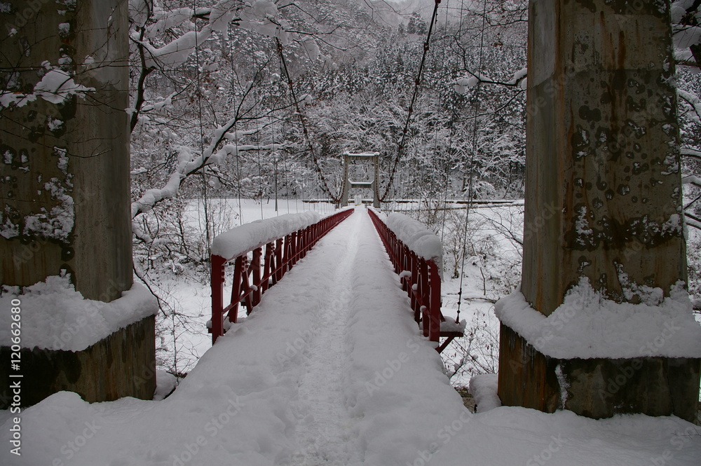 Obraz premium 雪の秋田県抱返り渓谷のつり橋