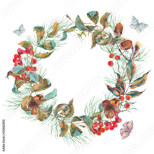 Fototapeta Naklejka Na Ścianę i Meble -  Watercolor vintage autumn wreath with branches of rowan, spruce,