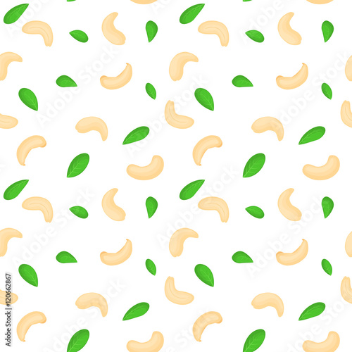 Vector seamless background of a cashew nut. Shelled walnuts whole cashews half and leaves on a white background. Cashew nuts elements of packaging design, brochures on healthy eating