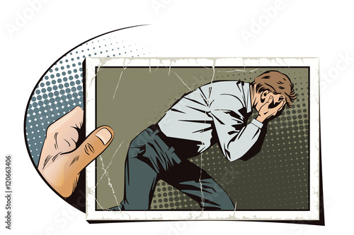 Hand with photo. Upset man clutching his head.