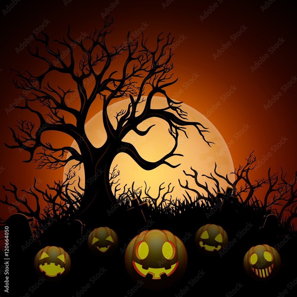 Halloween background with dry tree and pumpkins in graveyard on the moon background