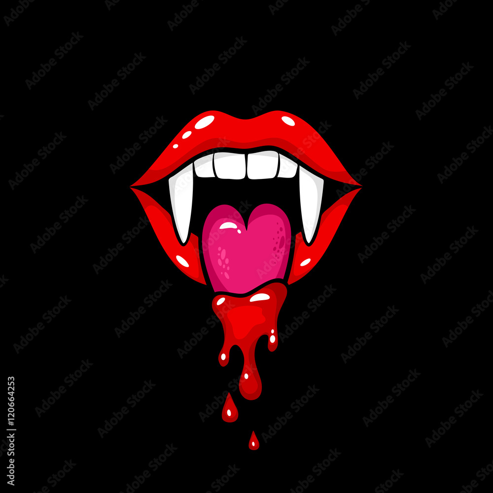 Sexy red vampire woman open mouth with fangs and dripping blood on