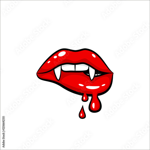 Sexy red vampire woman lips with fangs and dripping blood make up. Vector comic illustration in pop art retro style isolated on white background. 